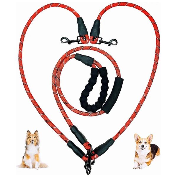 Strong Red Dog Walking Leash for 2 Medium to Large Dogs with Adjustable Reflective Belt