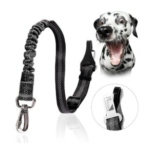 Sturdy Black Dog Car Seat Belt with Reflective Accents and Adjustable Elastic Bungee