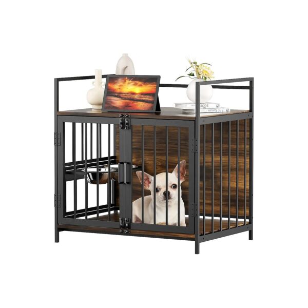 Style Dog Crate with Adjustable Heights and Two Stainless Steel Bowls for Large Dogs