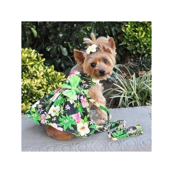 Style Twilight Black Hawaiian Hibiscus Dog Dress with D-Ring Leash for Medium Pets