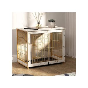 Stylish Double Doors, and Tray for Small to Medium Dogs, White Marble Finish