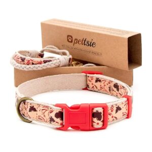 Stylish Red Floral Pattern Hemp Dog Collar and Owner Matching Adjustable Friendship Set