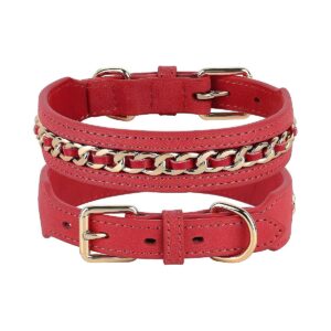 Stylish Red Leather Metal Braided Dog Collar with Gold Chain for Medium Large Dogs