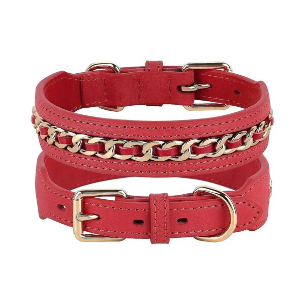 Stylish Red Leather Metal Braided Dog Collar with Gold Chain for Medium Large Dogs