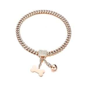 Stylish Rose Gold Cuban Link Chain Dog Collar with CZ Buckle and Golden Dog Tag and Bell