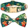 Stylish Tropical Leaf Bow Tie for Small Dog Collars with Gold Metal Accents and Buckle