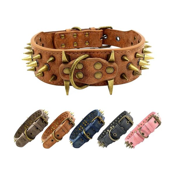 Stylish and Protective Brown Dog Collar with Spikes for Large Dogs