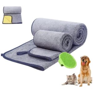 Super Absorbent Microfiber Pet Towel for Dogs and Cats - 3 in 1 Bath Brush Drying Towel