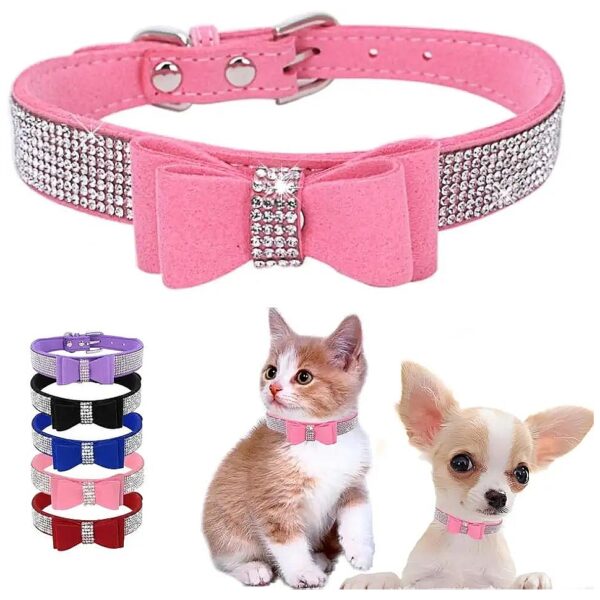 Sweet Pink Dog Collar with Soft Velvet Leather and Double Bowknot for Female Pets XS S M