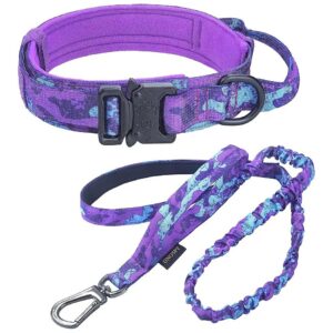 Tactical Dog Collar and Leash Set for Large Dogs with Adjustable Size and Bungee Leash