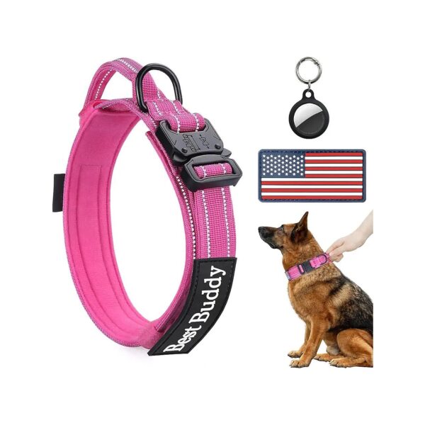 Tactical Nylon Dog Collar with Reflective Straps and Airtag Case Holder for Large Dogs