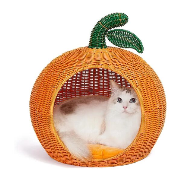 Tangerine Rattan Cat and Dog House with Removable Soft Bed for Easy Cleaning and Comfort