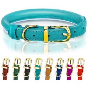 Teal Leather Dog Collar with Reflective Threading for Small Dogs - Adjustable Pet Collar