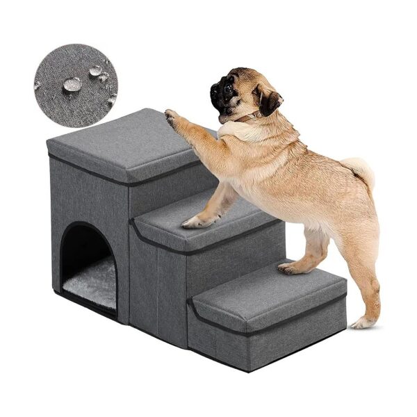 Tier Dog Stairs with Cozy Den and Storage for Small Animals, Water-Resistant and Foldable