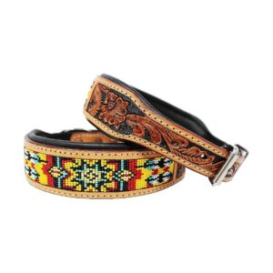 Tooled Floral Patterned Padded Leather Dog Collar with Beaded Accent Tan/Yellow/Teal