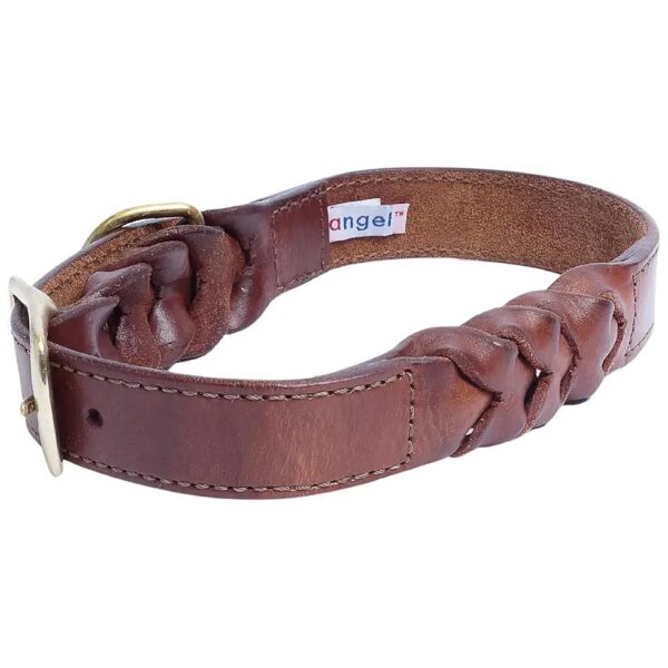 Top Grain Leather Dog Collar with Brown Braided Pattern and Brass Buckle 24" Long