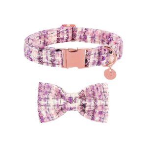 Tweed Dog Collar with Detachable Bow Tie and Metal Buckle for X-Large Girl Dogs, Purple