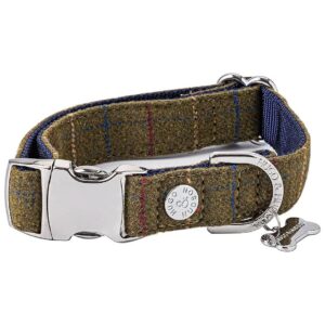 Tweed Dog Collar with Quick Release Metal Buckle Dark Green Checkered Comfortable