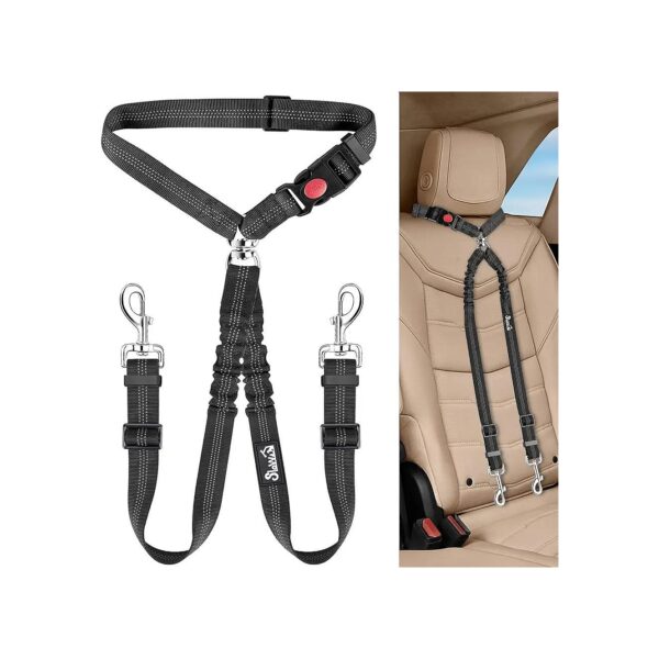 Two Dog Vehicle Seat Belt with Tangle-Free Design and Adjustable Length