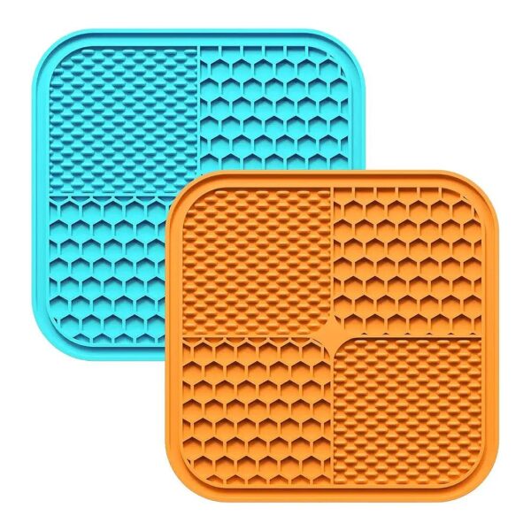 Two-Pack Slow Feeder Mats for Calming Dogs and Cats Orange Blue Silicone