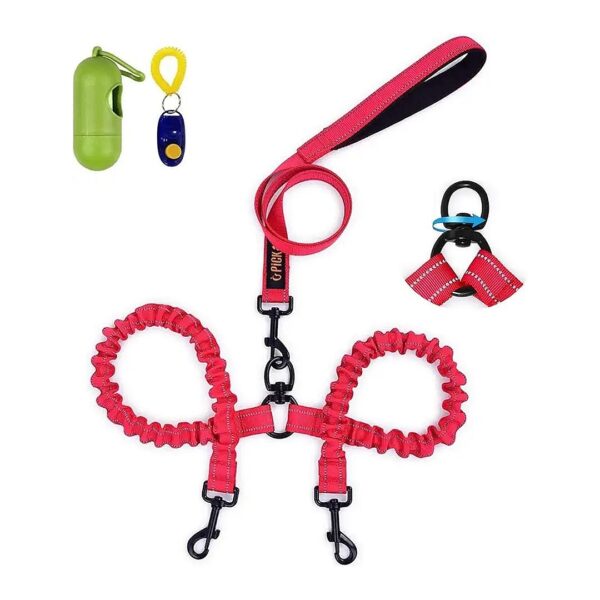 U-Pick Dual Dog Leash with 360 Swivel No Tangle Walking Leash Red Reflective Bungee