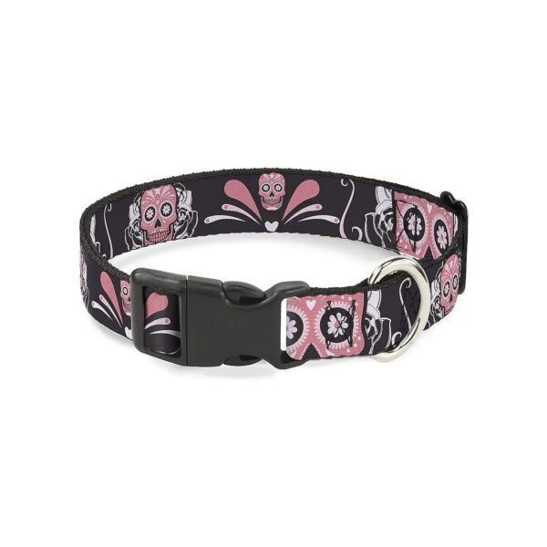 USA Handcrafted Sugar Skulls Gray Pink Dog Collar With Plastic Buckle