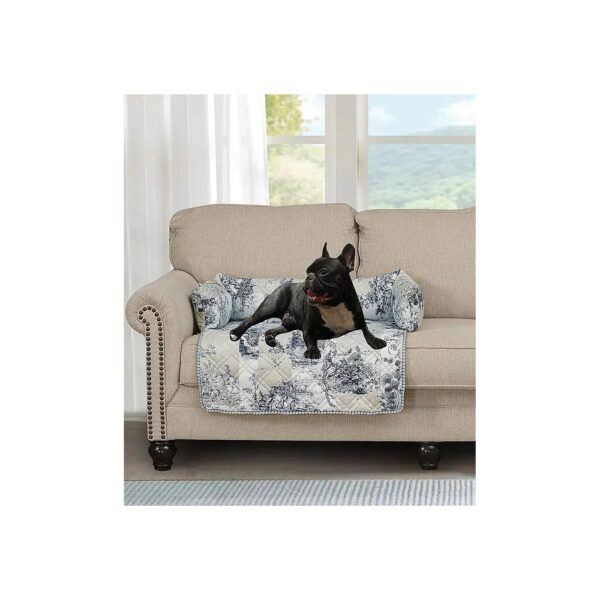 Unique Blue Toile Patterned Pet Couch Sofa Bed with Cozy Bolster and Washable Cover