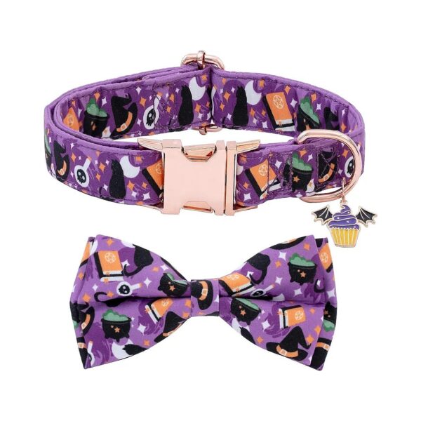 Unique Halloween Purple Cotton Dog Collar with Adjustable Bow Tie for Male Female Dogs