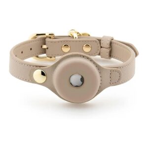 Vegan Leather Dog Collar with Tracker Device Holder Adjustable Small Beige