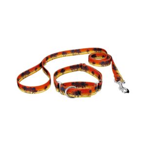 Vibrant Sunset Dog Collar and Leash Featuring Tropical Palms and Comfortable Design