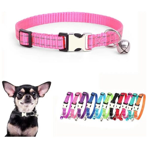 Visible Reflective Nylon Puppy Collar with Metal Buckle and Bell for XS Small Dogs