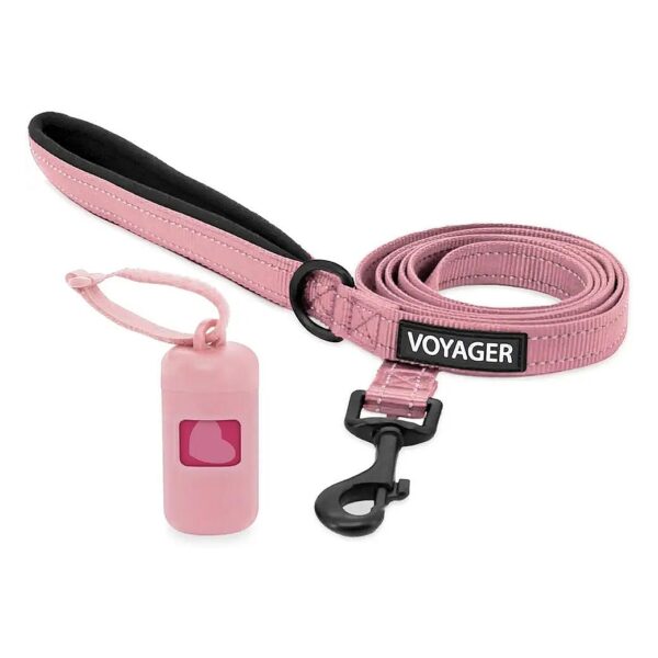 Voyager 5-Foot Reflective Dog Leash with Neoprene Handle and Poop Bag Dispenser in Pink