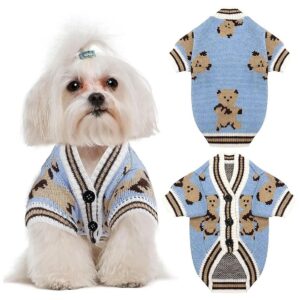 Warm Blue Bear Printed Knitted Dog Sweater with Sleeves for Small Dogs Cats XL