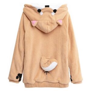 Warm Coral Velvet Hooded Dog Sweatshirt with Graphic Shiba Inu Design for Women