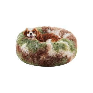 Warming Faux Shag Fur Dog Bed, 24" Round Cushion, Green Camo Pattern