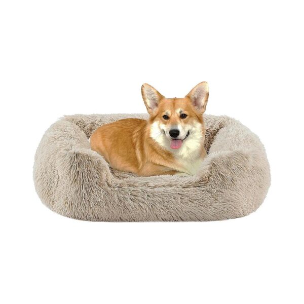 Washable Faux Shag Rectangular Dog Bed with Raised Rim, Taupe, Medium Size, 30" x 20