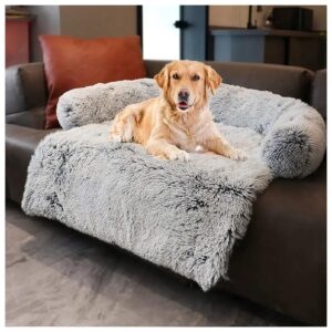 Waterproof Calming Dog Bed with Soft Bolster and Non-Slip Backing for Pet Sofa Protection