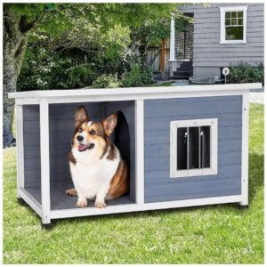 Weatherproof Dog House with Porch and Window for Small to Medium Size Dogs Grey