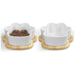 Weighted Ceramic Pet Food Bowls with Wooden Accents for All Breed Sizes