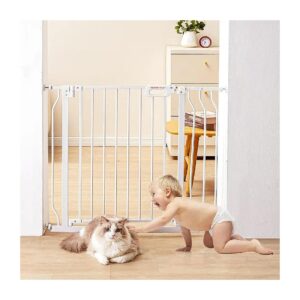 White Baby Gate for Stairs Doorways and House with Easy Step Walk Thru and Double Lock