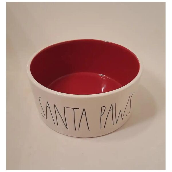 White Ceramic Dog Food Bowl with Santa Paws and Red Lettering for Medium Breeds