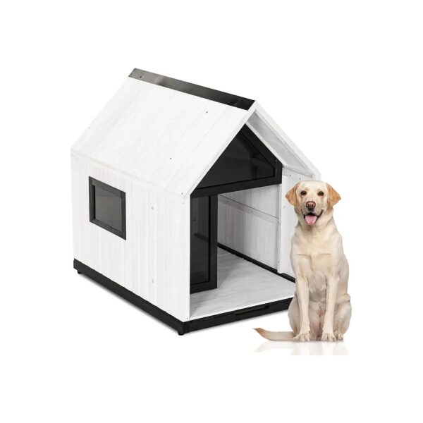 White Dog House with Sunny Window and Door for Outdoor Use and Small to Large Dogs