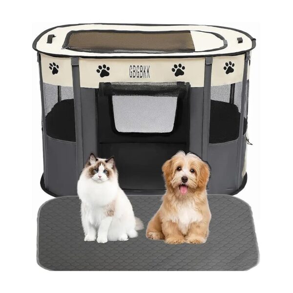 White Dog Playpen Puppy Pen with Carrying Case and Waterproof Pee Pad for Travel