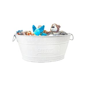 White Galvanized Metal Storage Bin for Dog Toys, Blankets, and Accessories