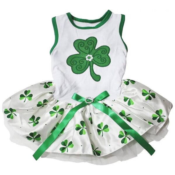 White Green Clover Embroidered Dog Dress for Small to Medium Weight Puppies Medium Size