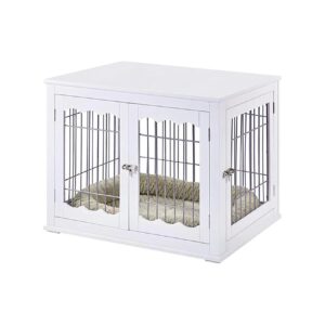 White Indoor Dog Crate with Side Table and Comfortable Pet Bed