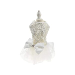 White Lace and Pearl Bow Christmas Dog Wedding Dress for Small Pet Apparel Size Medium