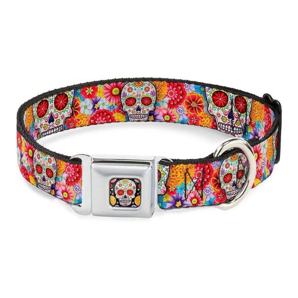 White Multi Color Sugar Skull Design Dog Collar with 1" Wide Buckle-Down Seatbelt Buckle