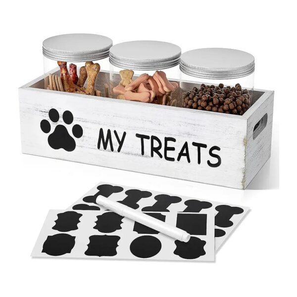 White Wooden Airtight Dog Treat Storage Container with Lids and 3 Jars for Pet Owners