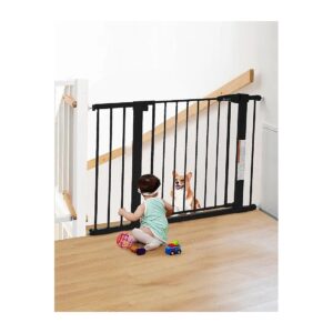 Wide Black Metal Pet Gate with Extension for Stairs and Doorways